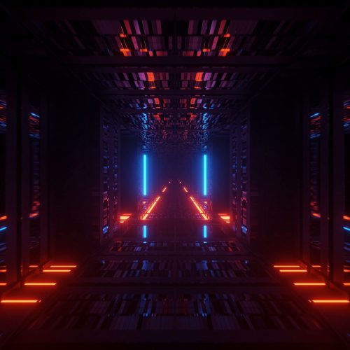 3D rendering abstract futuristic background with a glowing neon blue and orange lights